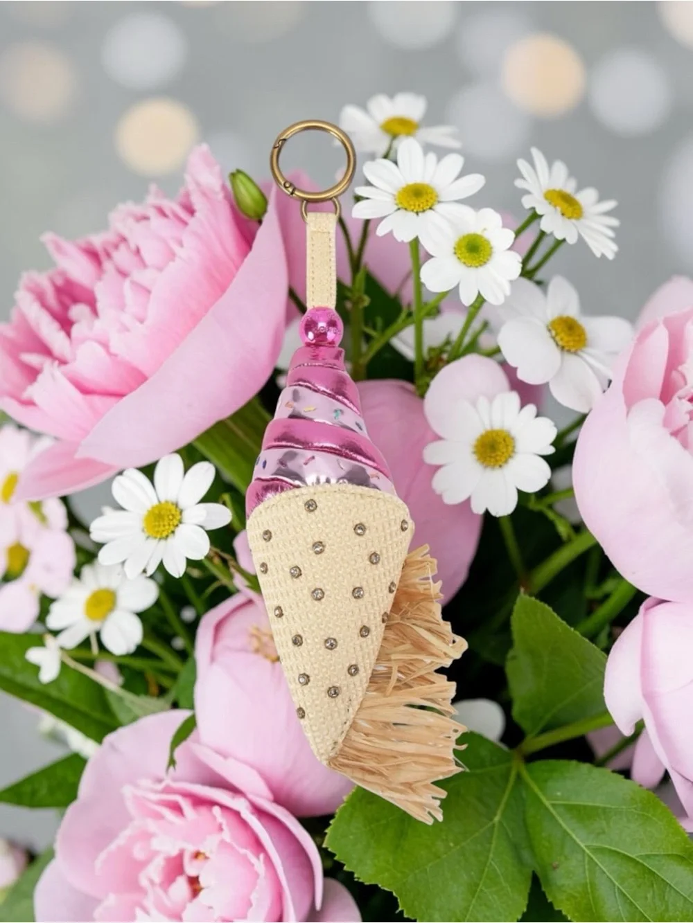Kurt Geiger Pink Metallic Ice Cream Cone Keychain with Gold Ring